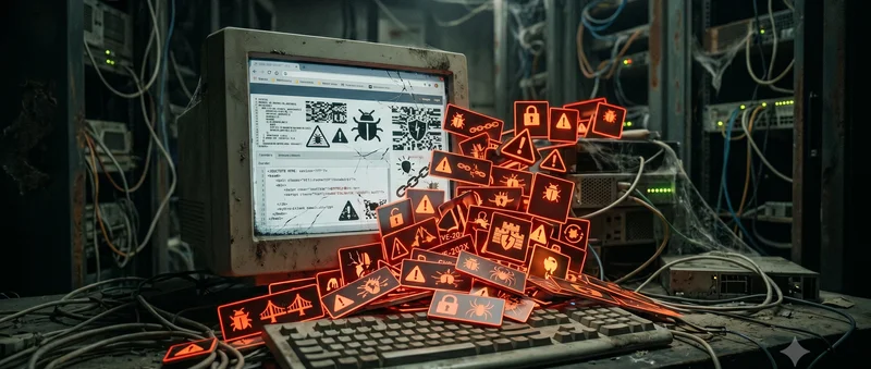 Icônes d'alertes CVE sur terminal legacy dans une salle serveur