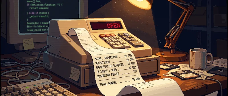 Illustration : ticket de caisse vintage qui déroule la facture annuelle d'un projet PHP en dette technique - 5 postes chiffrés totalisant 70 000 €