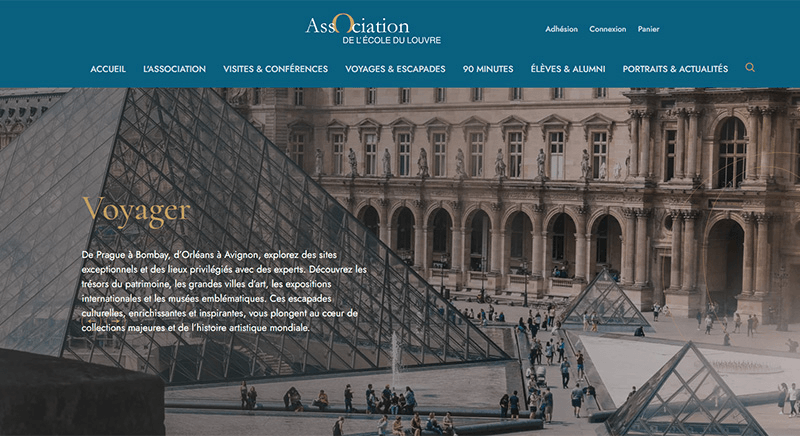 Capture d'écran du site de l'Association de l'École du Louvre, construit avec Drupal Commerce